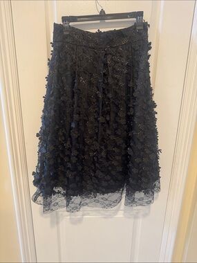 Eliza J Black Floral Appliqué A-Line Midi Skirt